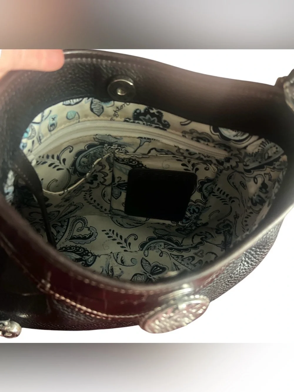 Brighton Vtg Black Pebbled & Brown Croc Shoulder Bag Leather Silver Medallion
